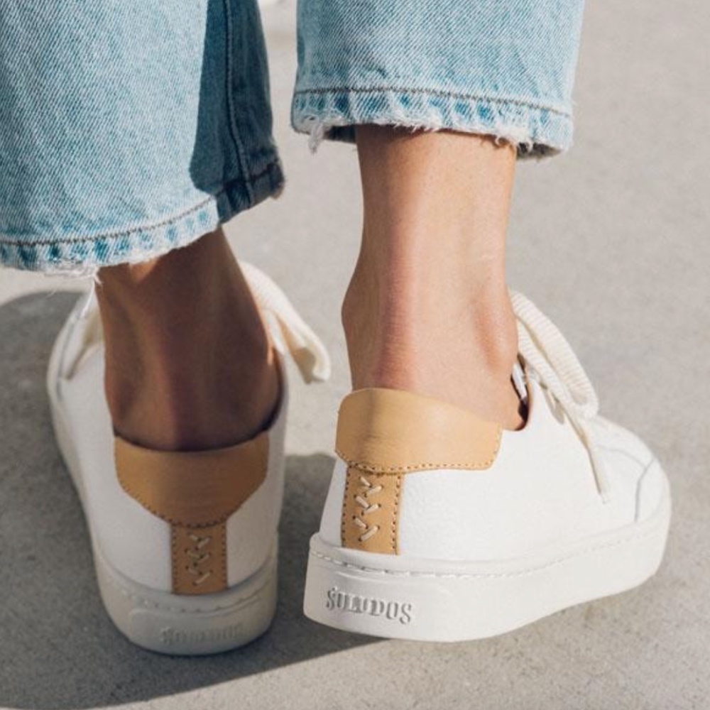 Soludos White Leather Sneakers with Tan Heel Accent - Picture 4 of 14